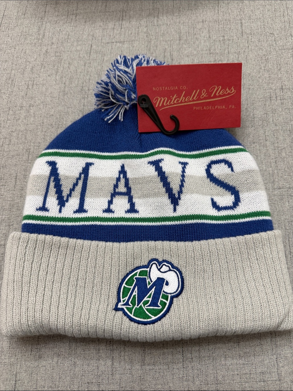 Mitchell & Ness Dallas Mavericks 'MAVS' Knit Cuffed Beanie in Blue, Gray & Green